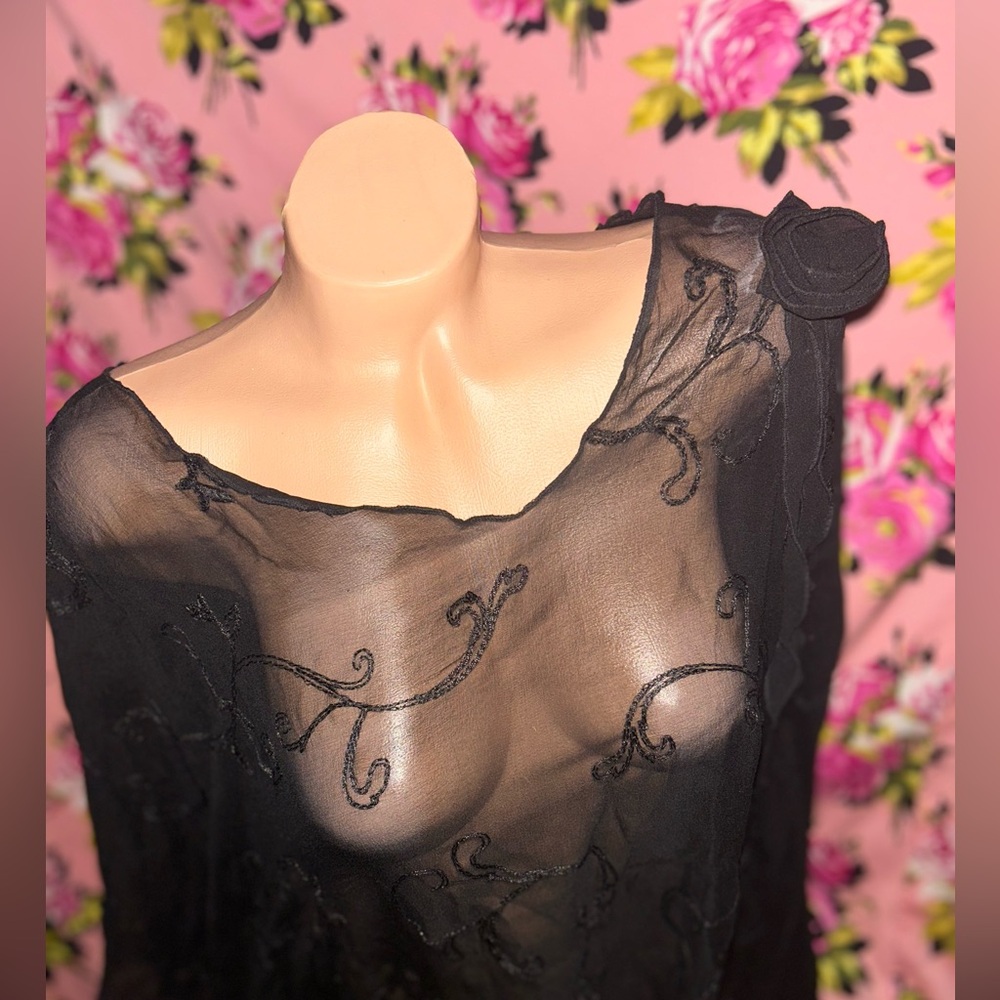 Vintage Black 💯% silk poncho cape wrap poncho bow  accents rose embroidered 1 xl - Picture 5 of 11